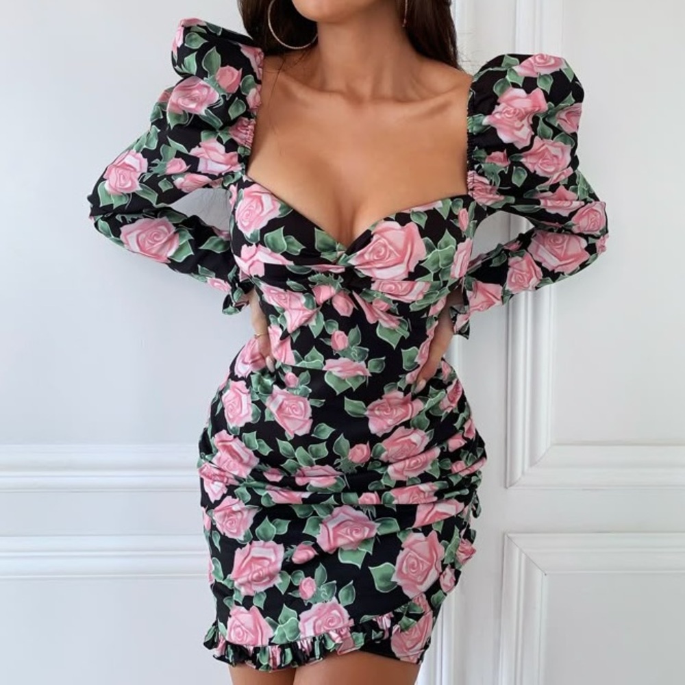 Blithe Los Angeles Puff Sleeve Rose Print Mini Dress – Size S